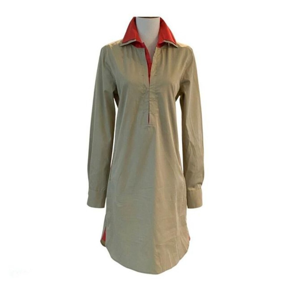 Elie Tahari Khaki Long Sleeve Khaki-orange Layered Look Shirt Dress